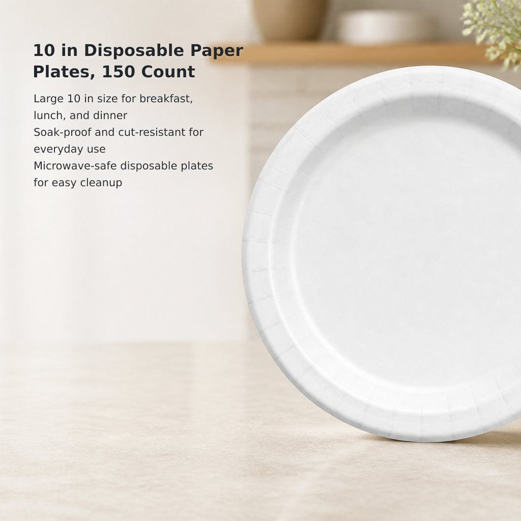 10-Inch Heavy-Duty Disposable Paper Plates, 150-Pack